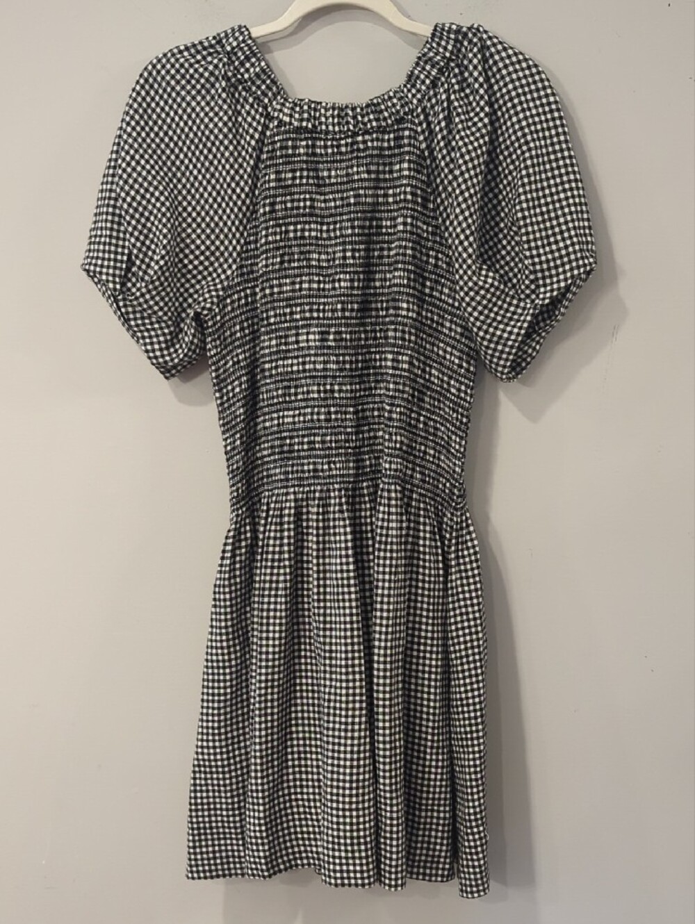Madewell Dress Gingham Smocked U-Neck Mini Black White size Medium Linen Cotton - Picture 10 of 13